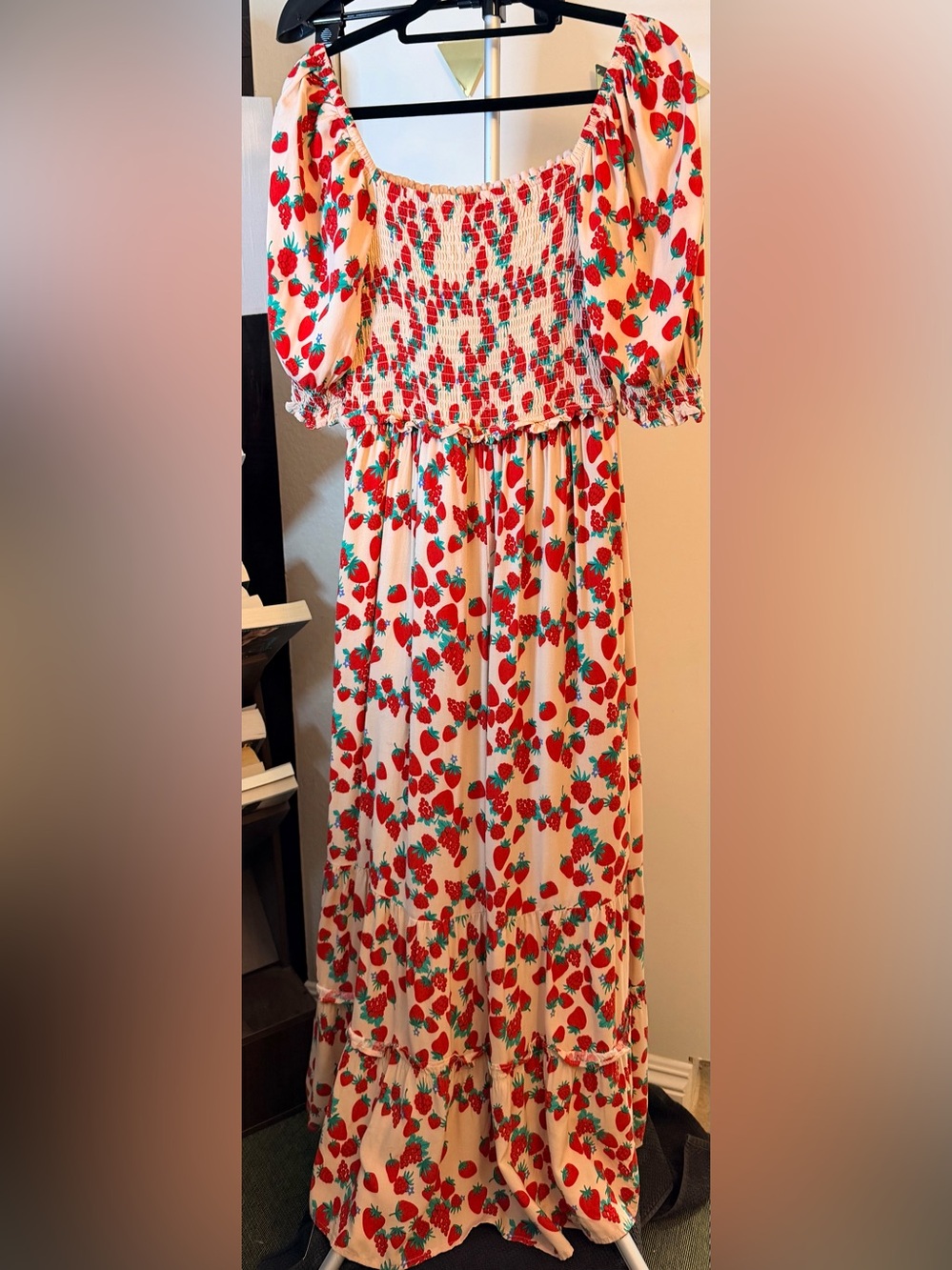 Betsey Johnson Flowy Strawberry & Raspberry Print Smocked Maxi Dress, Size S - Picture 2 of 11